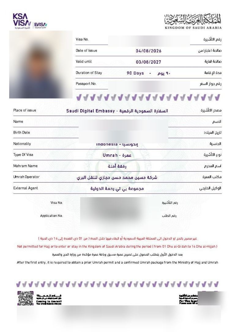 Contoh e-visa umrah resmi Kerajaan Arab Saudi